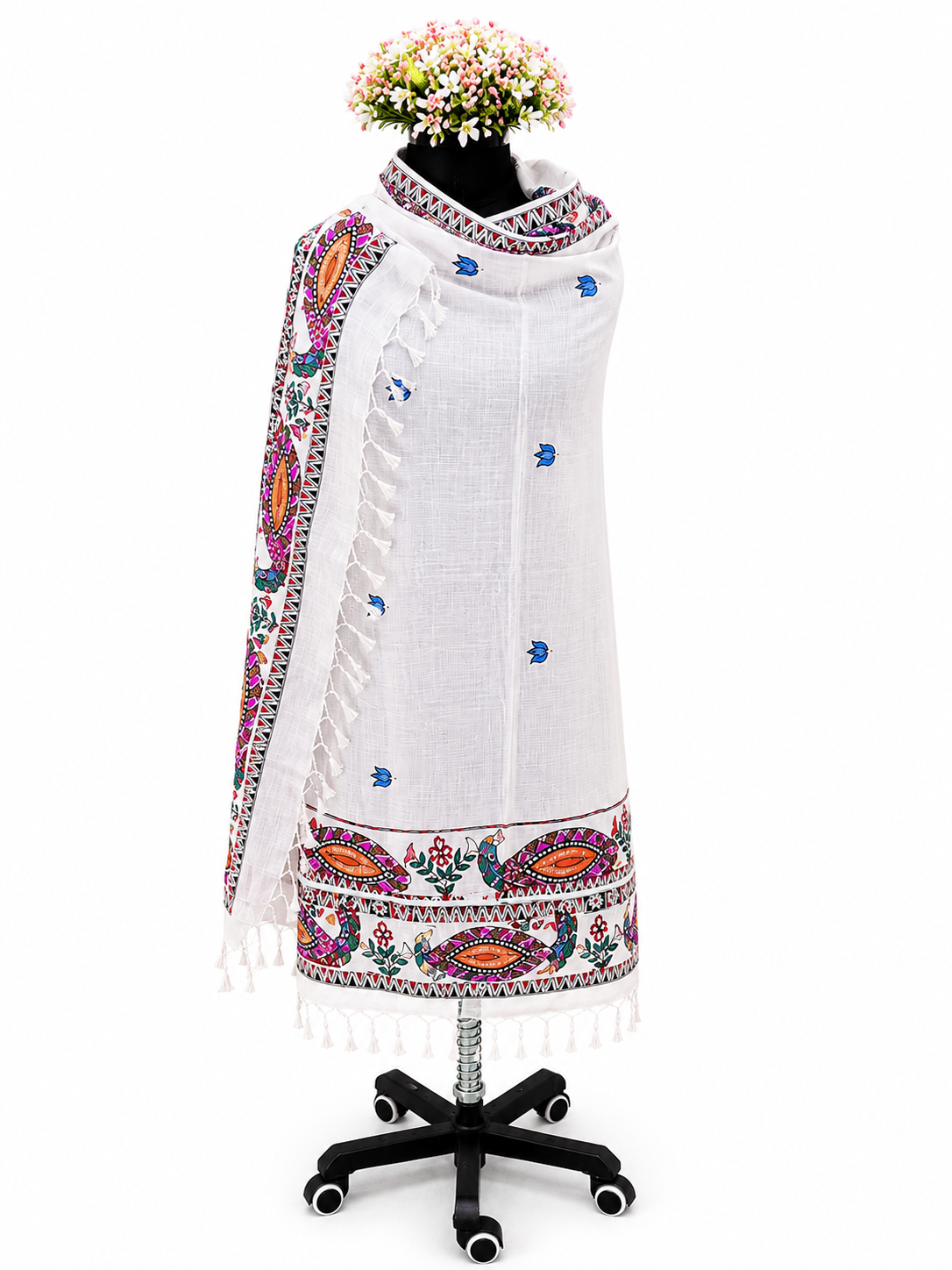 Hand-Painted Twin Peacock Madhubani Tussar Tussar Silk Dupatta