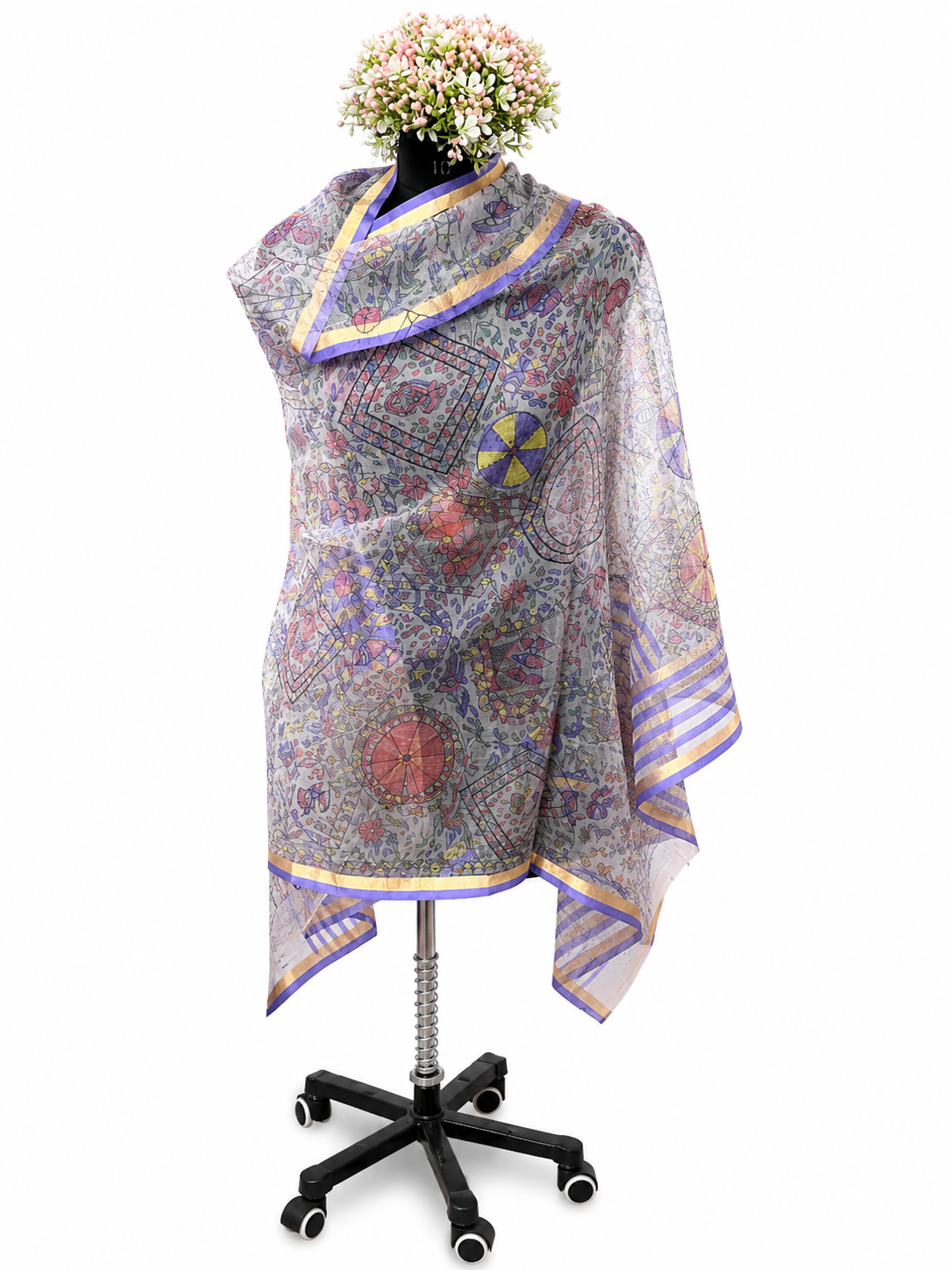 Hand-Painted Neelambari Madhubani Sujani Organza Dupatta