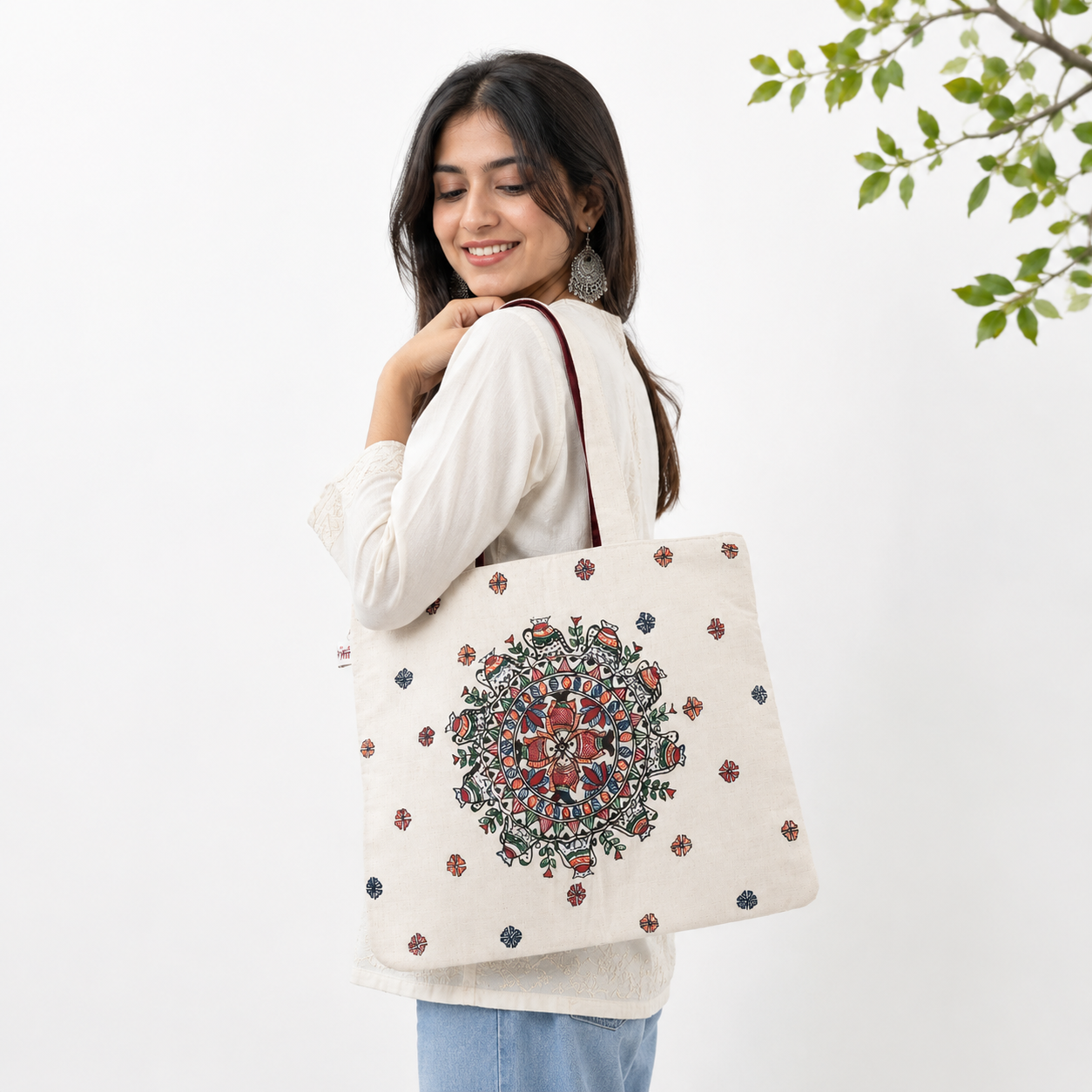 Hand-crafted Beige Cotton Tote with Madhubani Mandala Design