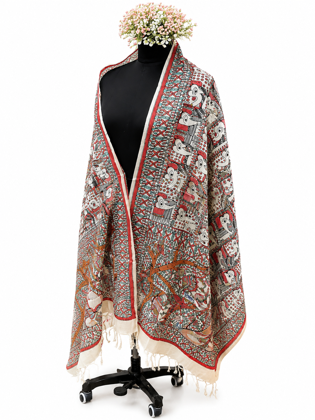 Handcrafted Tussar Tussar Silk Dupatta – Majestic Elephant and Peacock Artistry