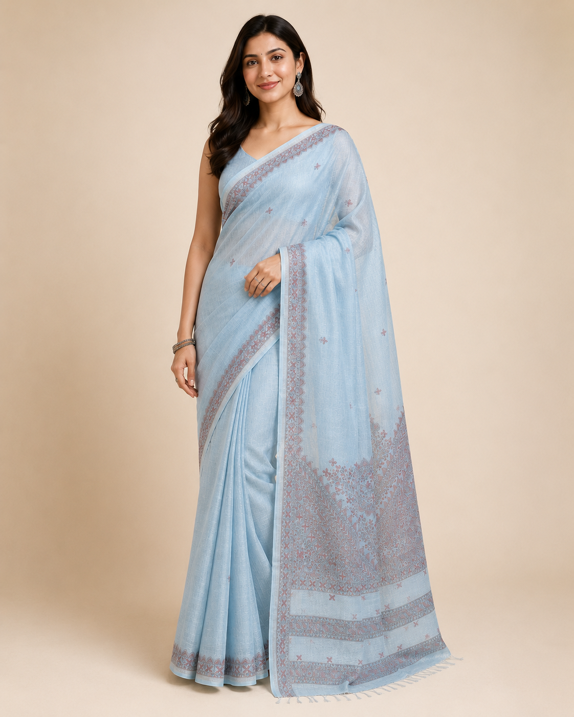 Hand-painted Sky Blue Tissue Linen Madhubani Saree with Fish Motifs & Mandala Pallu