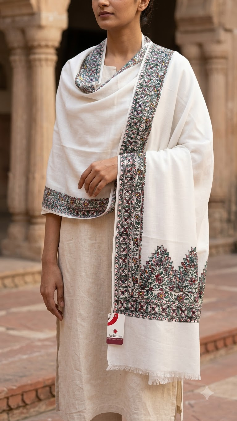 Premium White Pashmina Hand-Painted Madhubani Floral Vine Stole