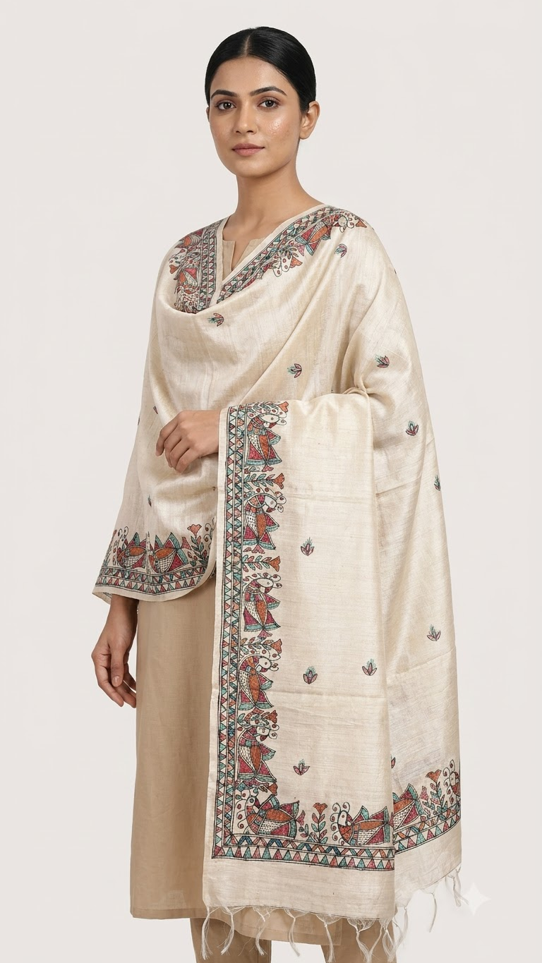 Hand-Painted Beige Tussar Munga Silk Madhubani Stole with Peacock Border & Buti Design