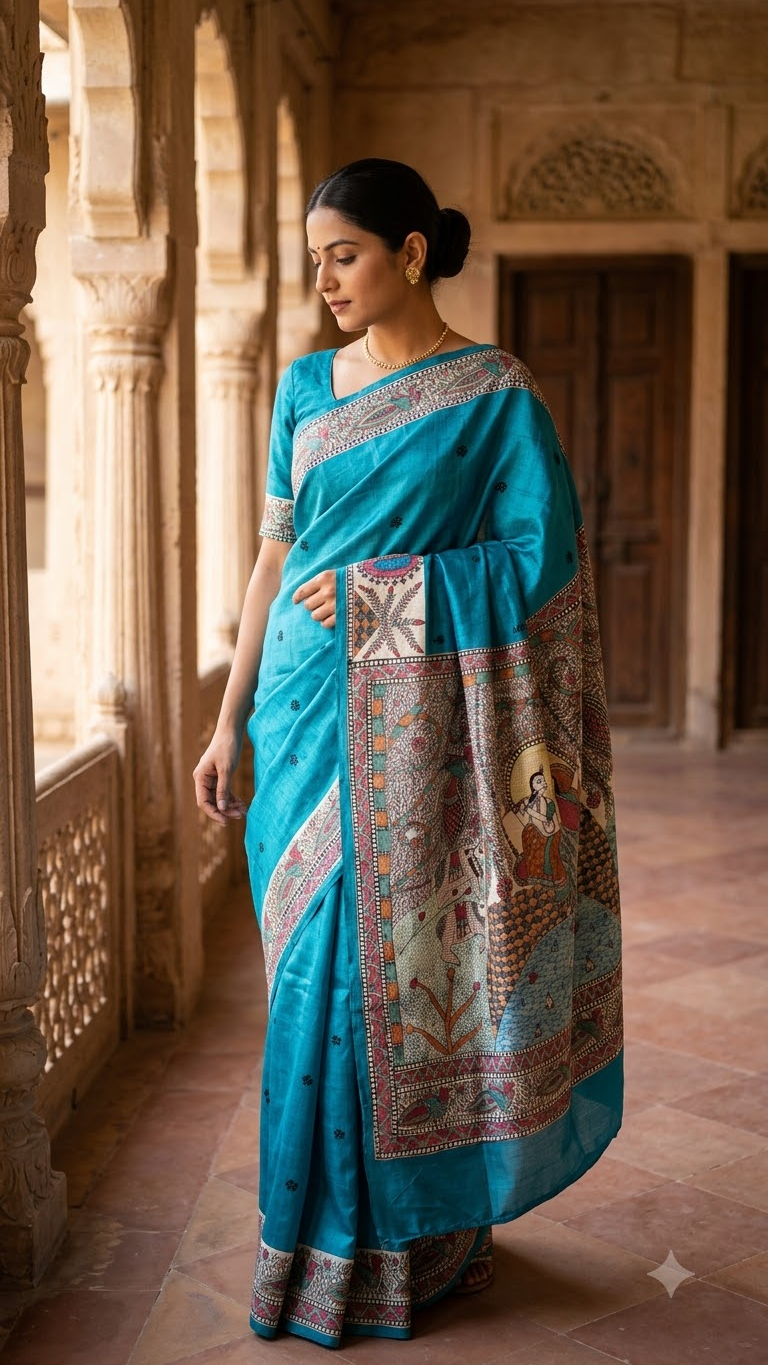 Premium Bright Blue Tussar Munga Silk Hand-Painted Madhubani Saree with Grand Radha Krishna Pallu
