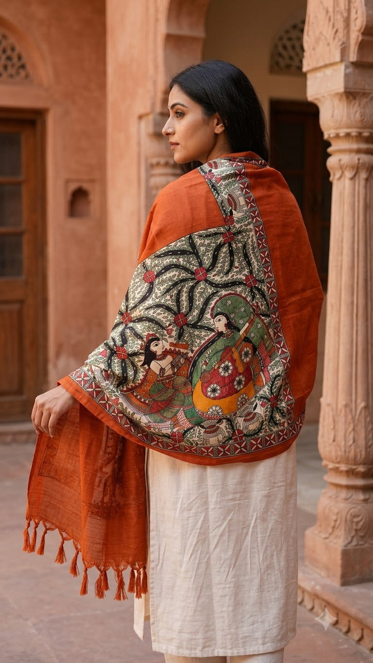 Premium Burnt Orange Cotton Silk Hand-Painted Madhubani Krishna Meera Stole