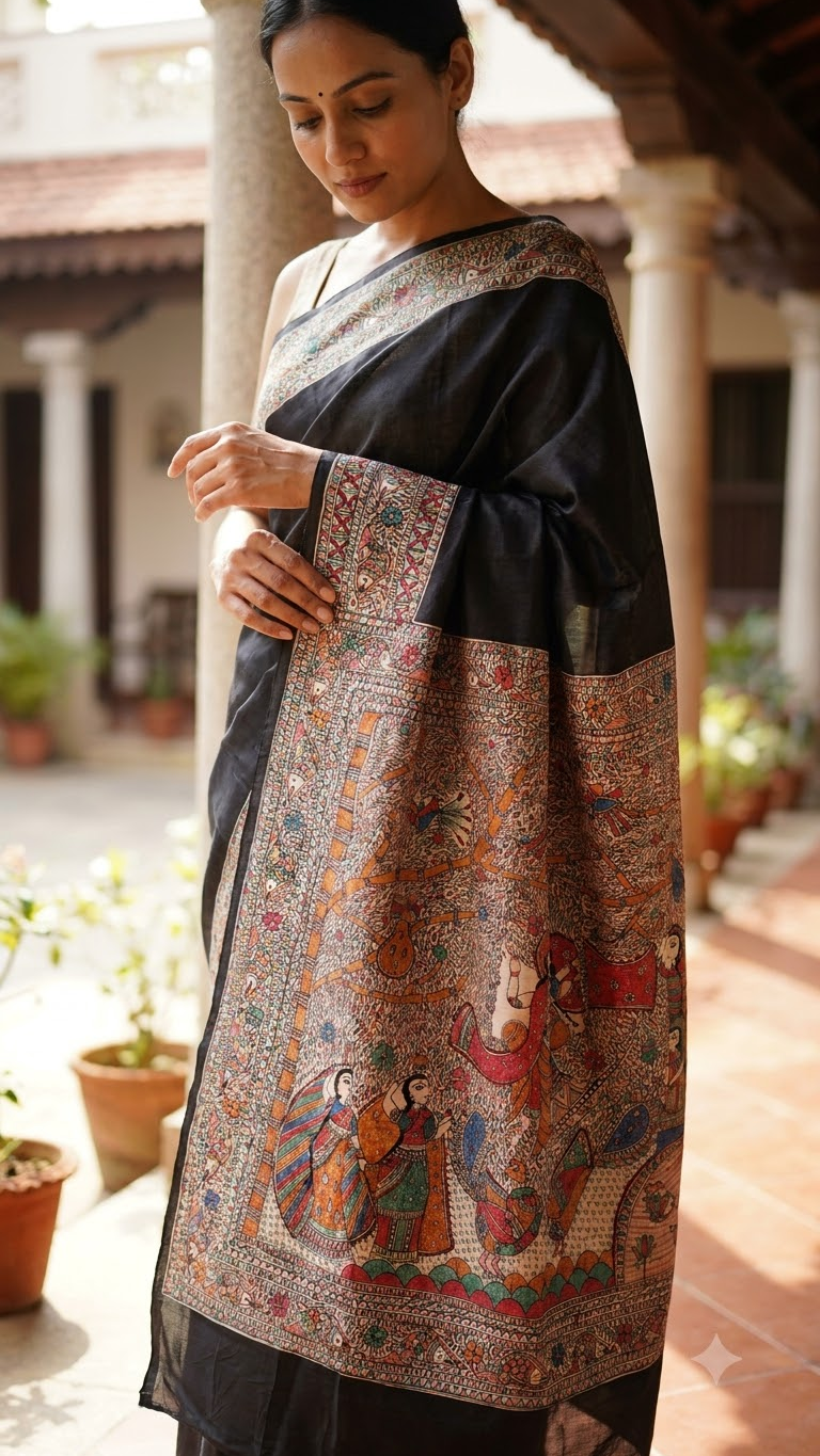 Premium Smokey Black Tussar Munga Silk Hand-Painted Madhubani Saree with Grand Radha Krishna Pallu