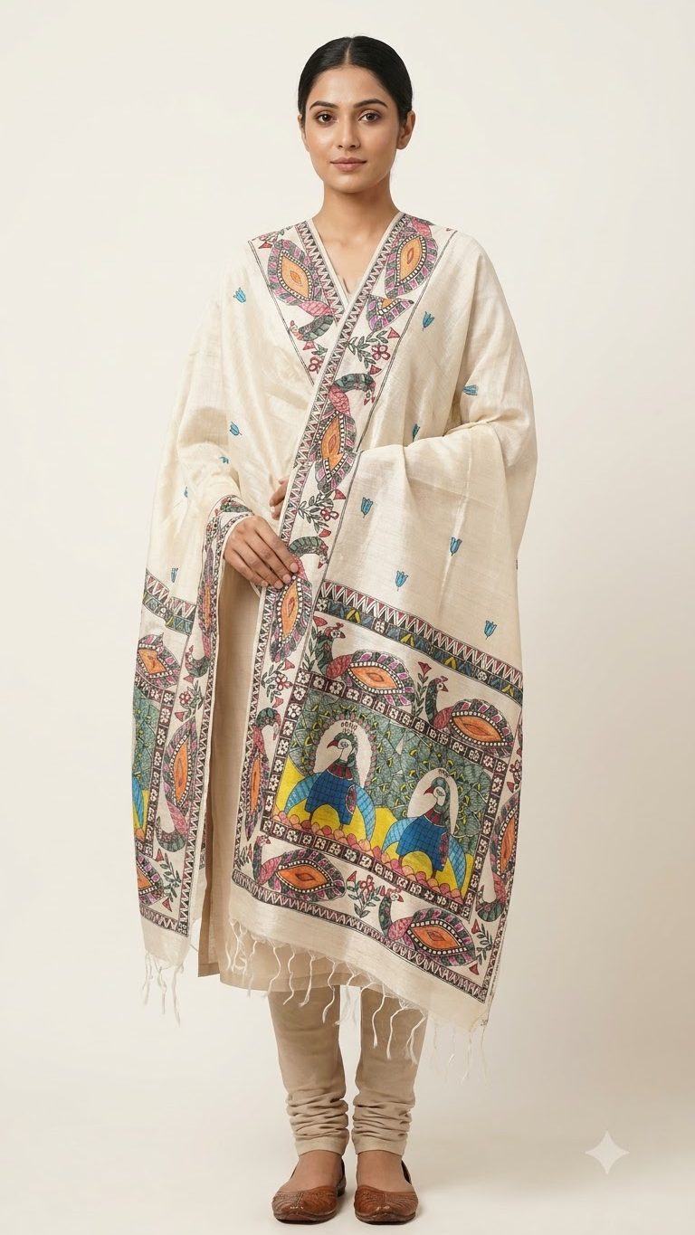 Hand-Painted Natural Tussar Munga Silk Stole with Twin Peacock Panel, Lotus Buti & Ornamental Floral Border
