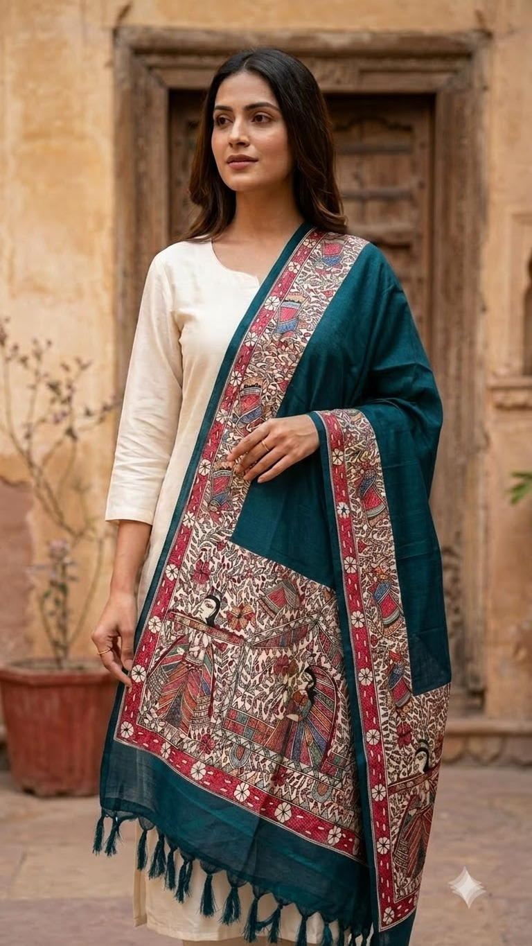 Premium Dark Green Cotton Silk Hand-Painted Madhubani Doli Ka Haar Theme Stole