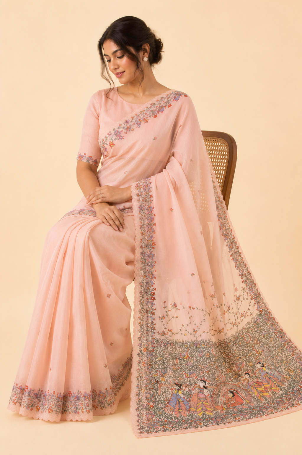 Hand-painted Organza Madhubani Saree – Doli Ka Haar Theme with Cutdana Work & Scalloped Border