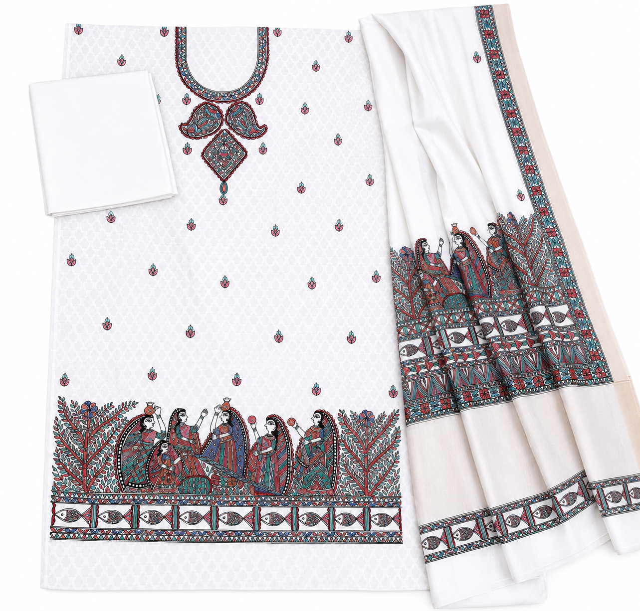 Exclusive Hand-painted Unstitched Chanderi Suit Set with Madhubani Motifs