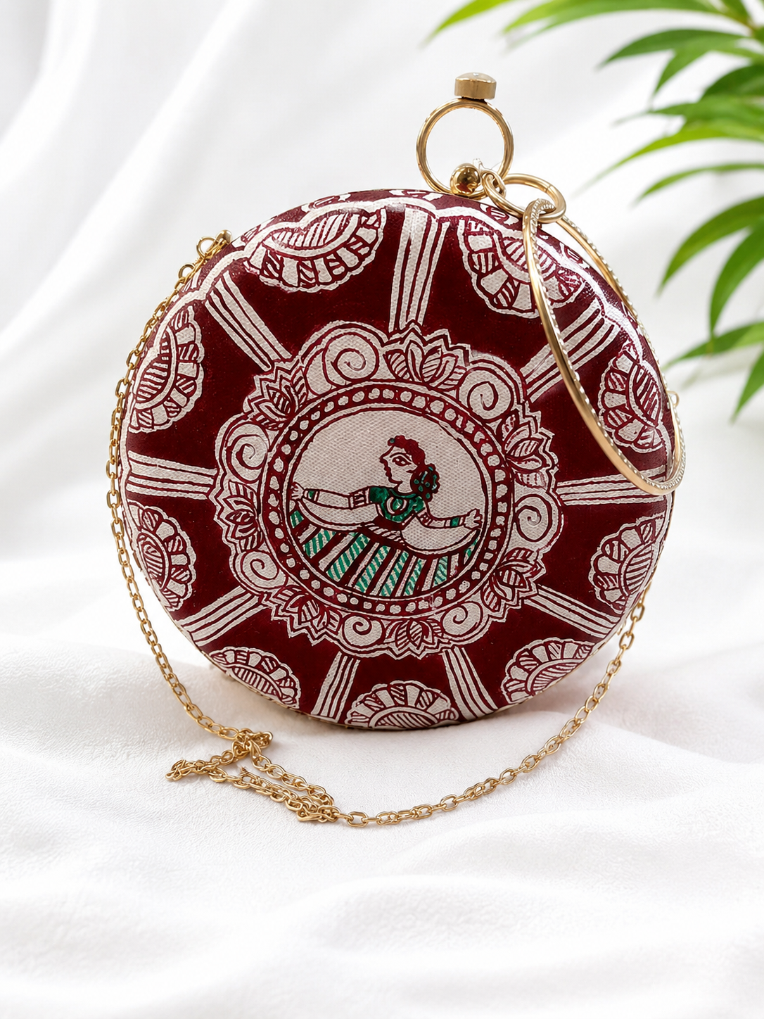 Hand-painted Madhubani Peacock & Dancing Doll Round Clutch Bag