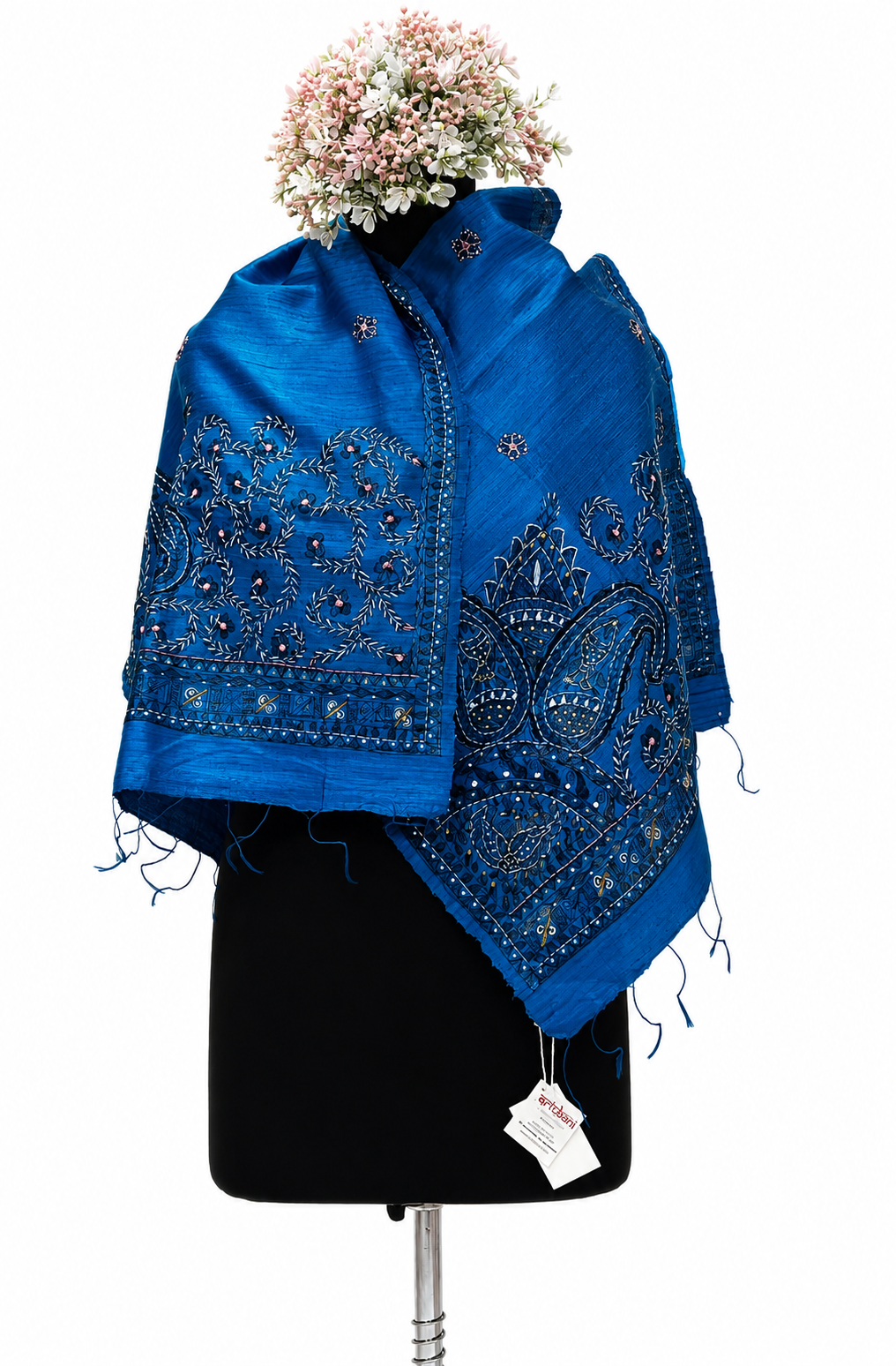 Handpainted Madhubani Dupion Silk Stole with Sujani & Flora-Fauna Motifs