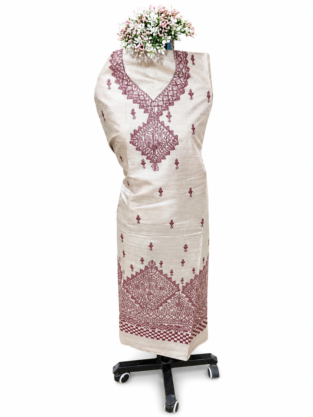 Hand Painted Madhubani Desi Tussar Silk Suit Set with Boutique Work Kurti and Matching Madhubani Bordered Dupatta