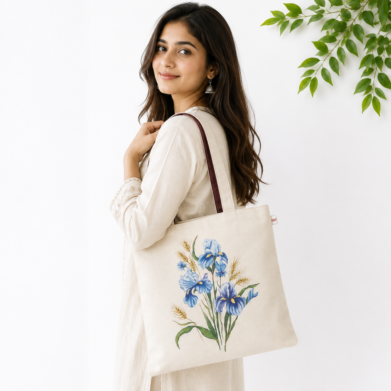 Hand-Painted Blue Iris Bloom Cotton Tote Bag