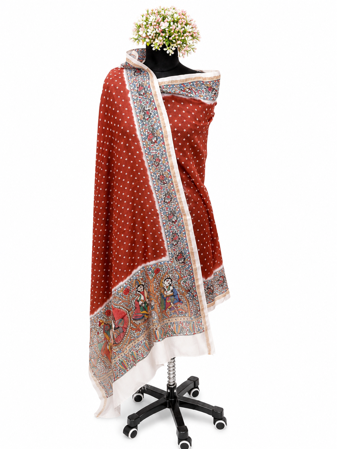 Hand-Painted Vrindavan Bloom – Radha Krishna Madhubani Chanderi Dupatta