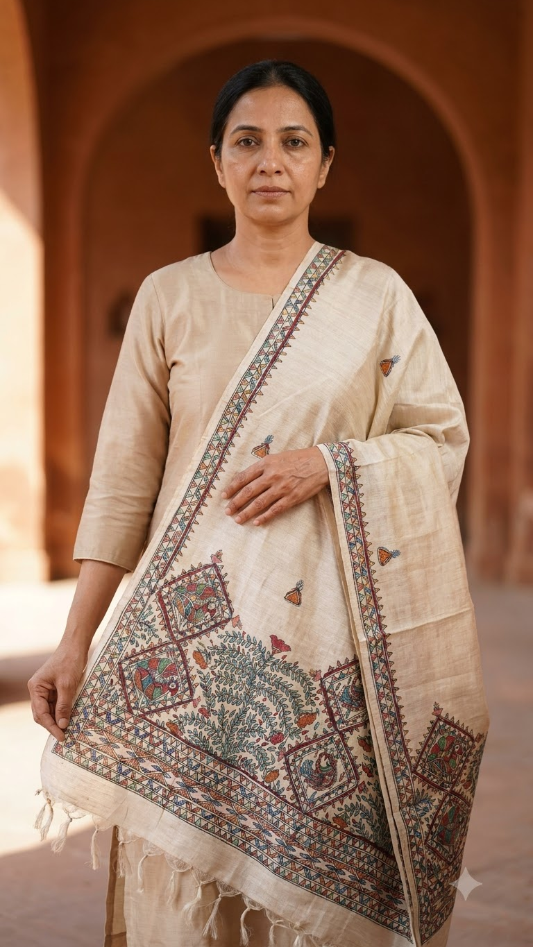 Hand-Painted Beige Tussar Munga Silk Stole with Peacock & Fish Motifs, Floral Vine Design and Buti Work