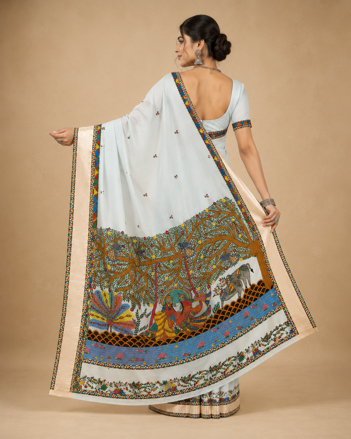Hand-Painted Madhubani Premium Organza Radha Krishna Saree with Pearl Work & Zari Border