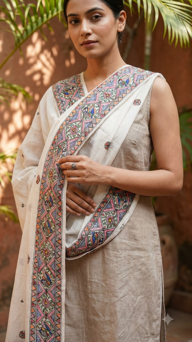 Premium White Pashmina Hand-Painted Madhubani Peacock Motif Stole with Floral Butis
