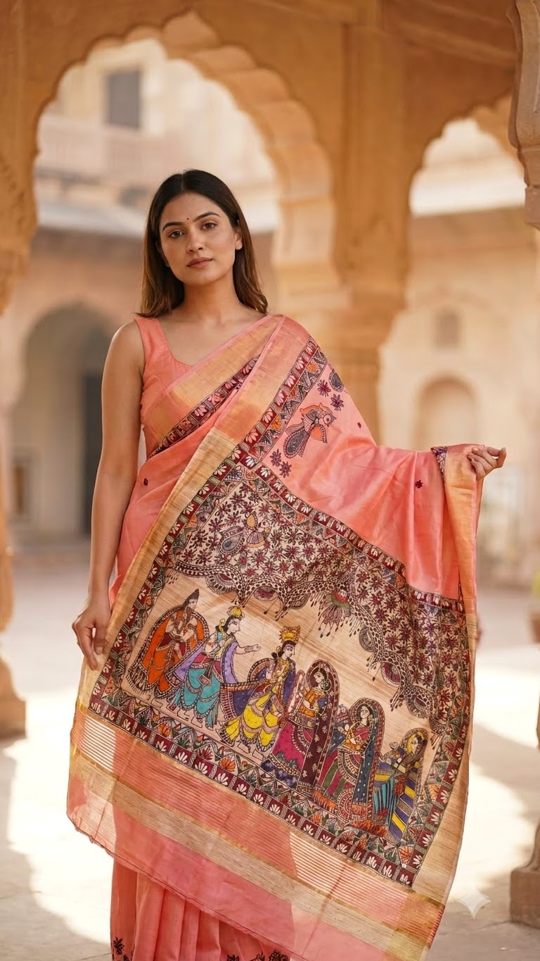 Premium Peach Pink Ghicha Staple Silk Hand-Painted Madhubani Saree with Grand Ram Vivah Pallu