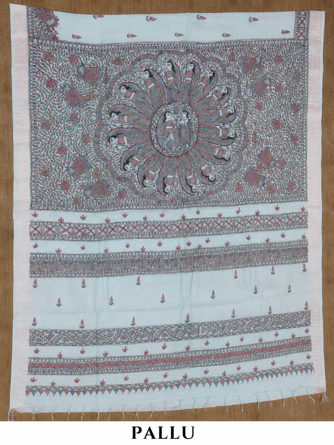 Hand-painted Rasleela Madhubani Linen Cotton Saree with Buti Body and Geometric Zari Border in Ice Blue