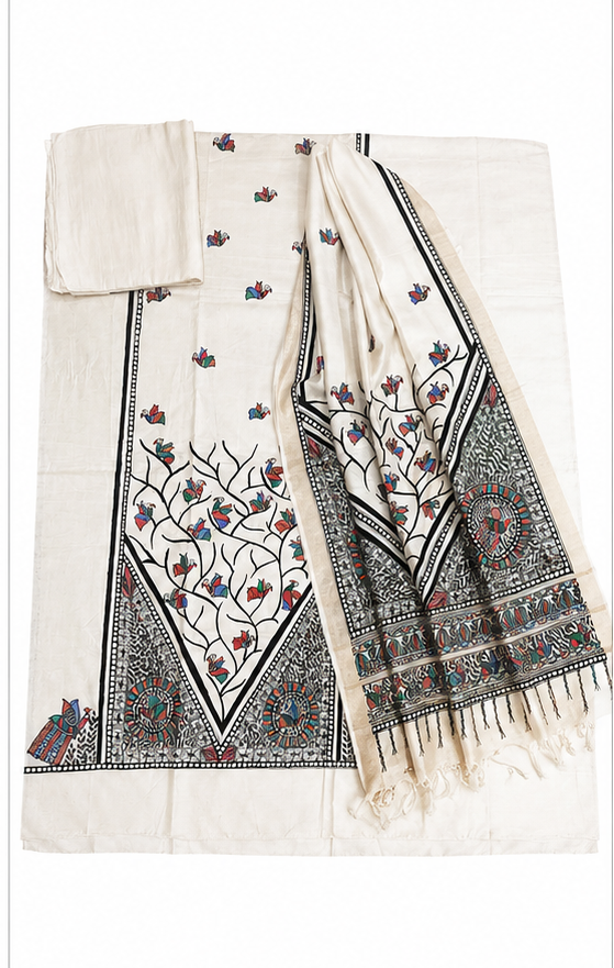 Hand-painted Madhubani Tussar Munga Silk Suit Set with Mithila Panel Artwork, Peacock and Bird-Inspired Illustrations and Floral Butti and Jaal Dupatta