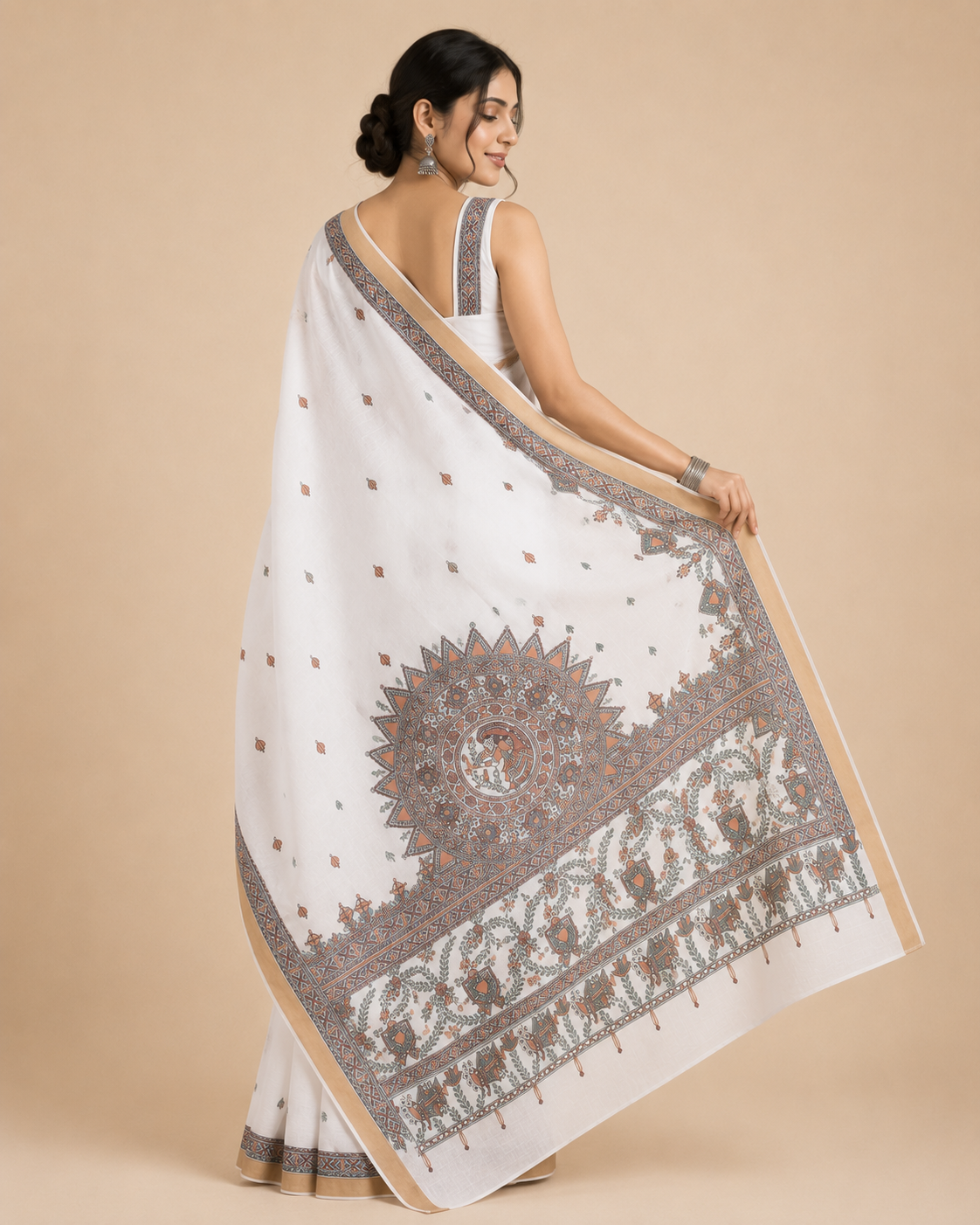 Hand-Painted Ivory Kerala Cotton Saree with Zari Border –  Mithila Bloom
