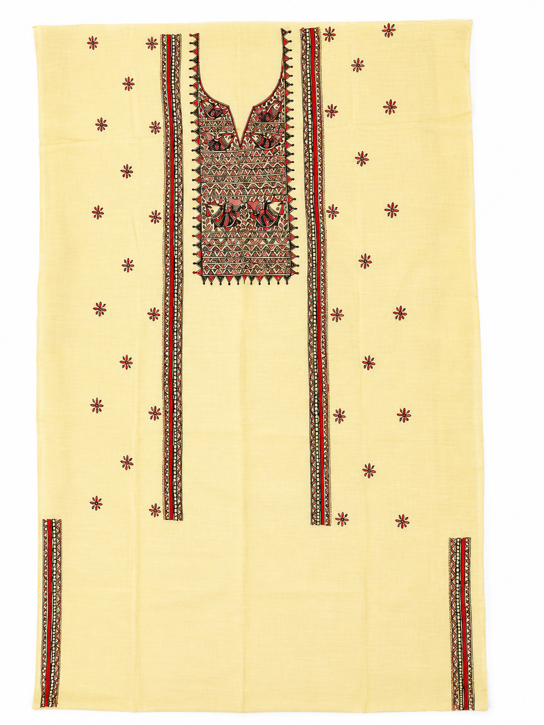 Hand-painted Madhubani Chanderi Suit Set with Artistic Panel Detailing, Aquatic-Inspired Madhubani Artwork and Designer Dupatta with Tassel Finish