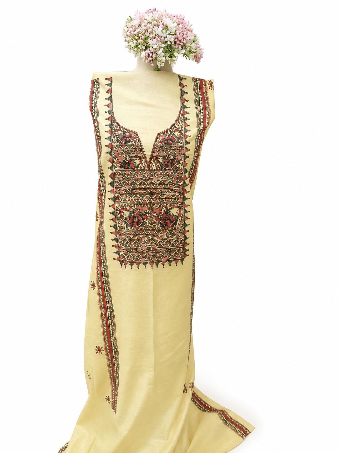 Hand-painted Madhubani Chanderi Suit Set with Artistic Panel Detailing, Aquatic-Inspired Madhubani Artwork and Designer Dupatta with Tassel Finish