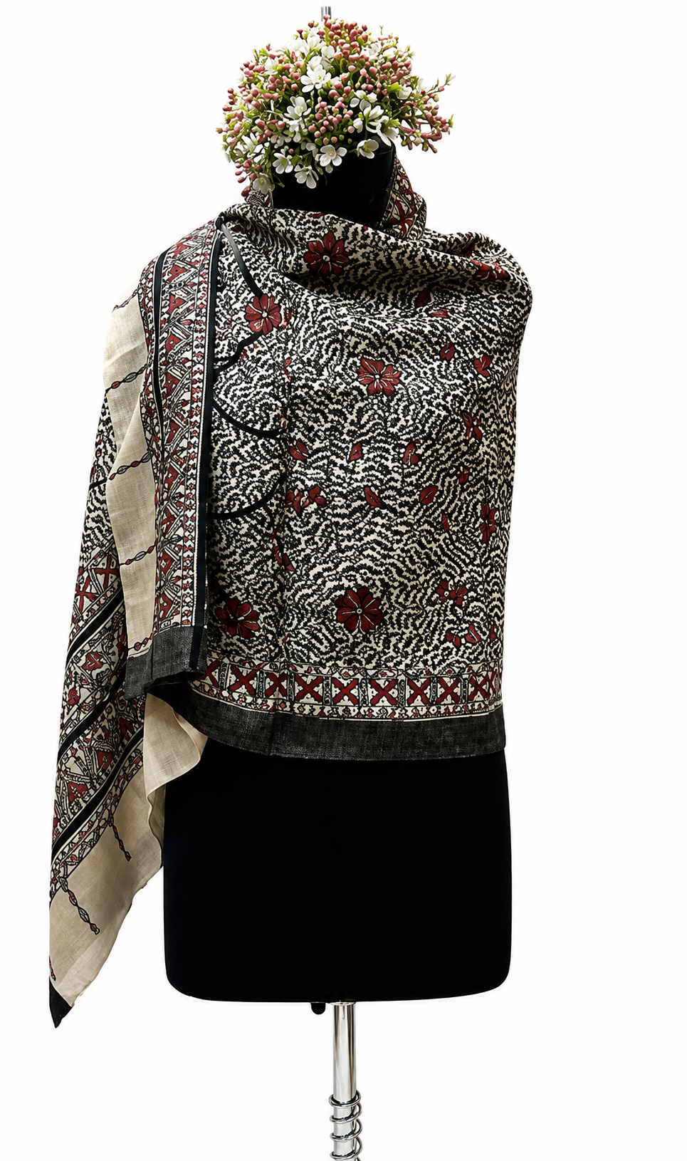All Over Handpainted Madhubani Tussar Munga Silk Stole with Flora & Fauna Motifs