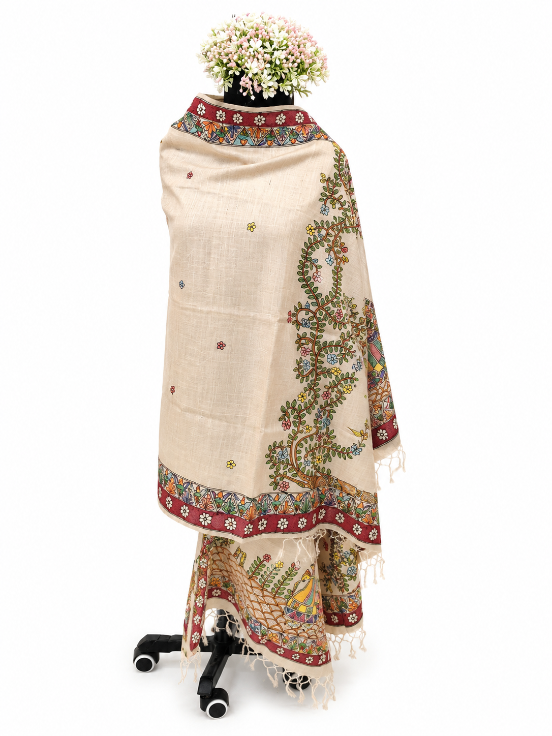 Hand-Painted Madhubani Rural Life Desi Tussar Silk Dupatta