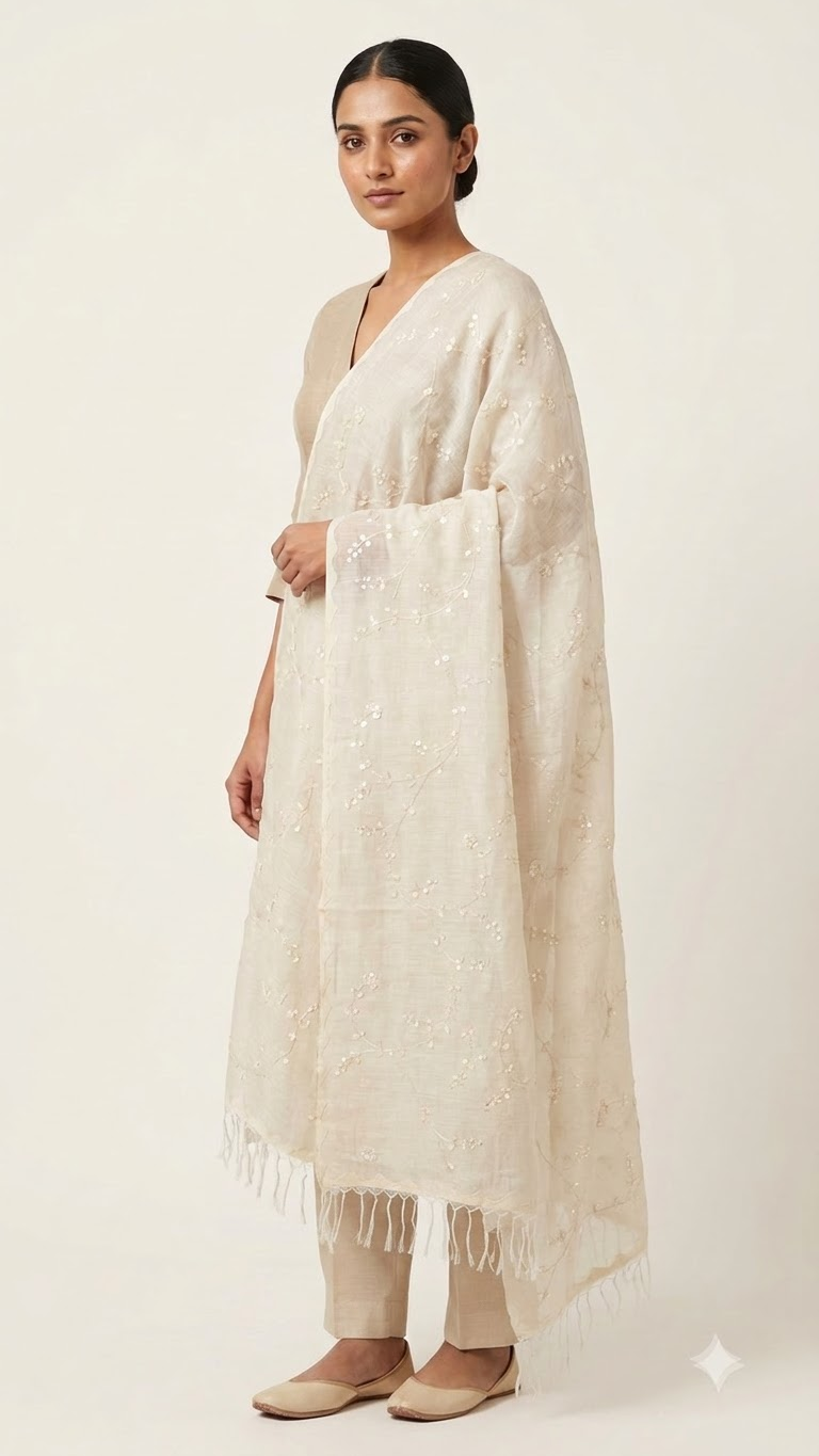 Hand-Painted Beige Tussar Munga Silk Appliqué Work Stole with Patti Embroidery