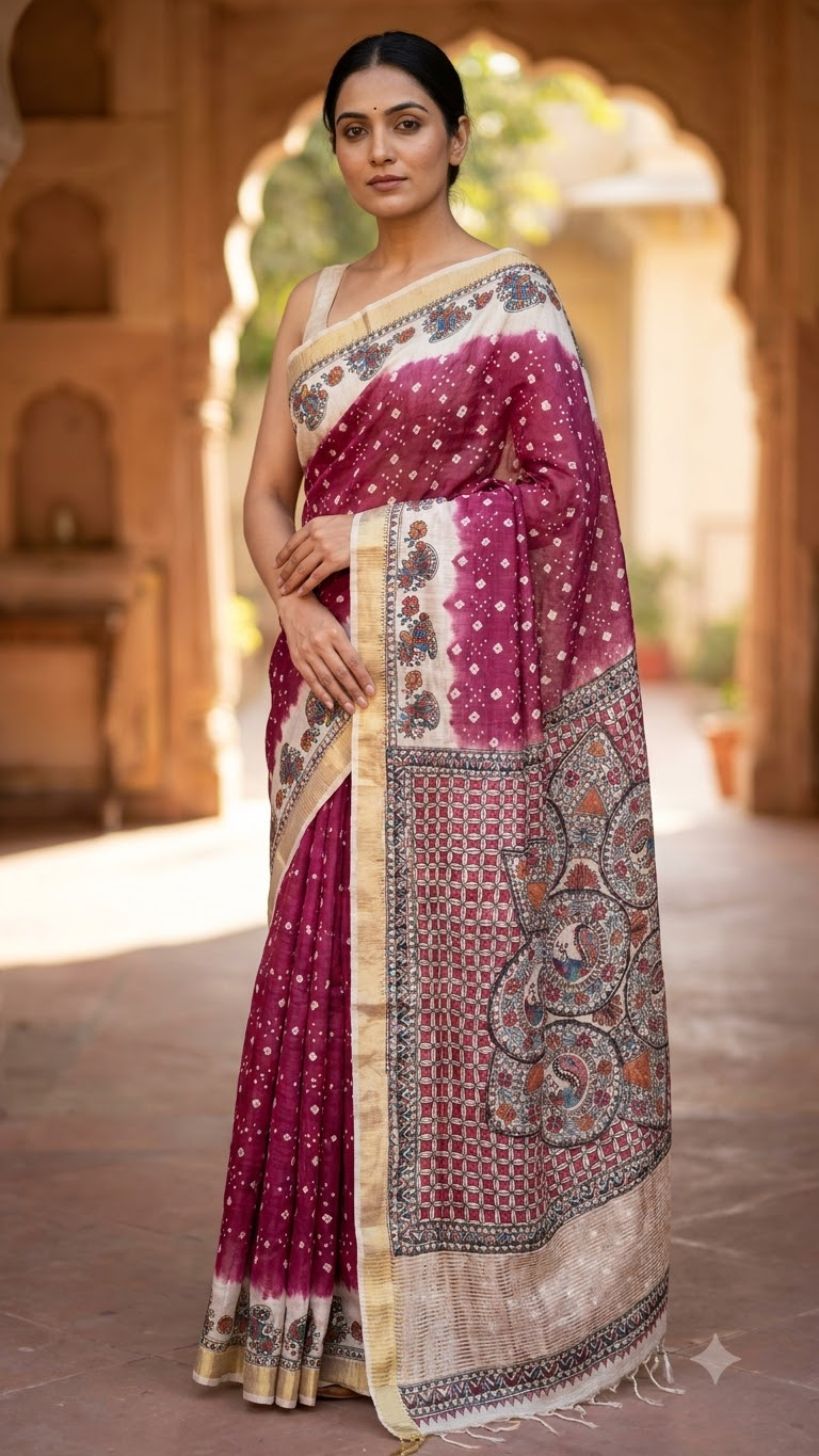 Premium Dark Mauve Tussar Munga Silk Bandhani Hand-Painted Madhubani Saree with Geometric Mandala Artwork