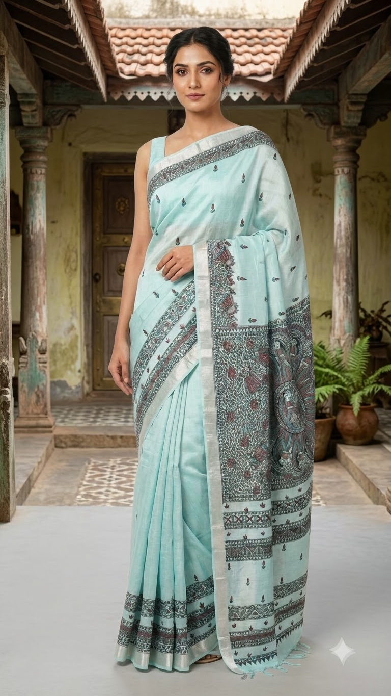 Hand-painted Rasleela Madhubani Linen Cotton Saree with Buti Body and Geometric Zari Border in Ice Blue