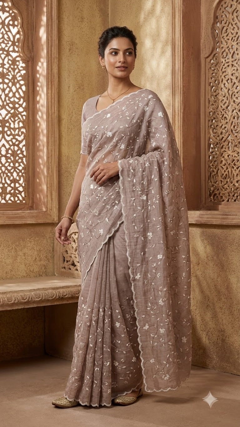 Hand-crafted Premium Desi Tussar Silk Saree with All-Over Appliqué and Patti Work