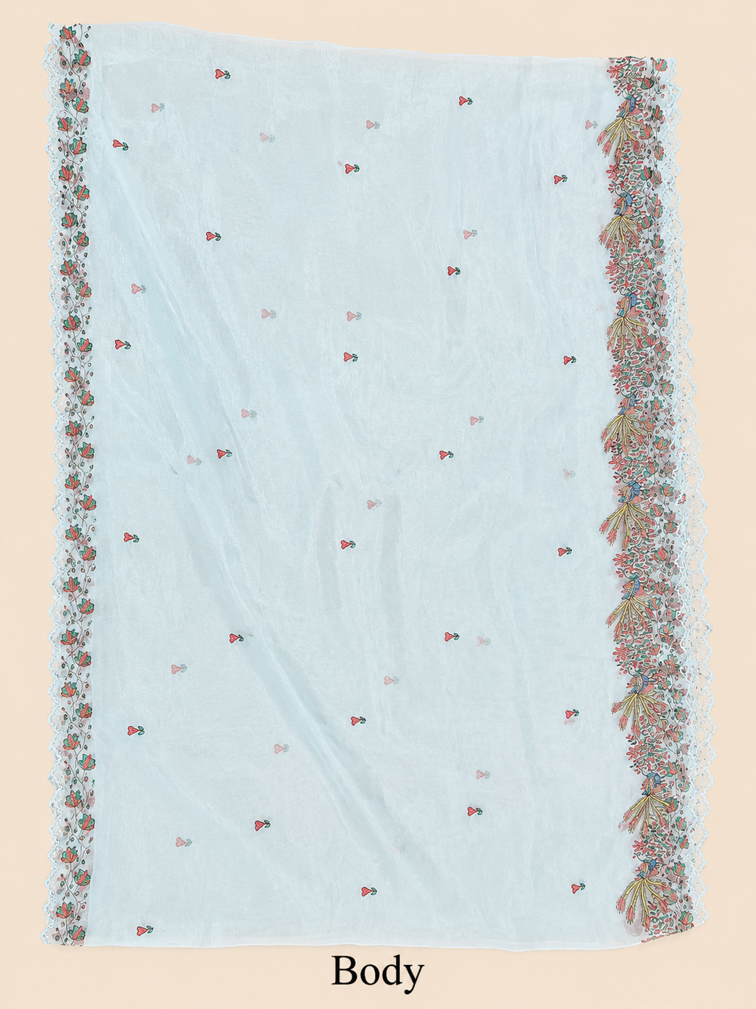 Hand-painted Pastel Sky Blue Organza Saree with Cutdana Embroidery & Scalloped Edges