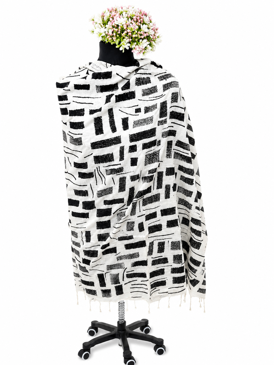 Hand-Crafted Sujani Midnight Sketch Ivory Echo Tussar Munga Silk Dupatta
