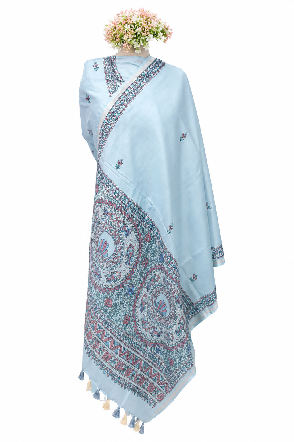Hand-painted Madhubani Tussar Munga Silk Suit Set with Boutique Kurti, Aquatic and Botanical Artwork, Artistic Anchal Dupatta, Zari Border and Cotton Lower