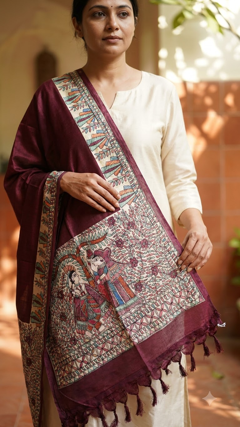 Premium Wine Cotton Silk Hand-Painted Madhubani Radha Krishna Theme Stole with Floral Vines