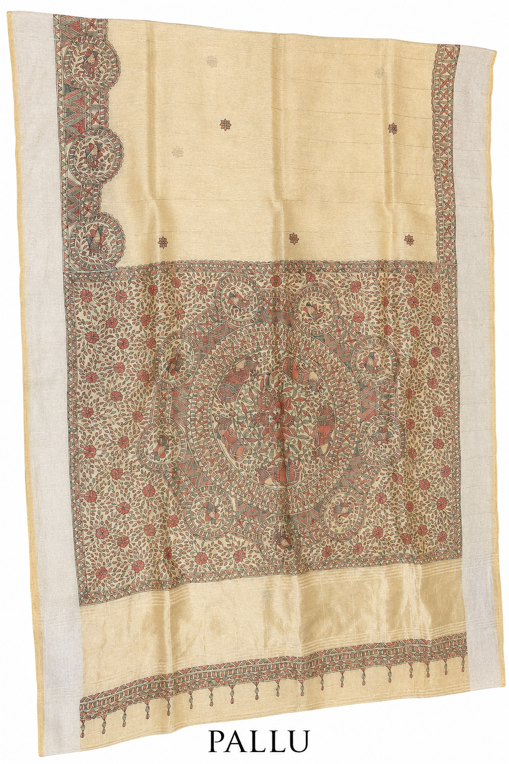 Hand-painted Butter Yellow Premium Linen Madhubani Saree with Zari Border, Peacock & Fish Motifs