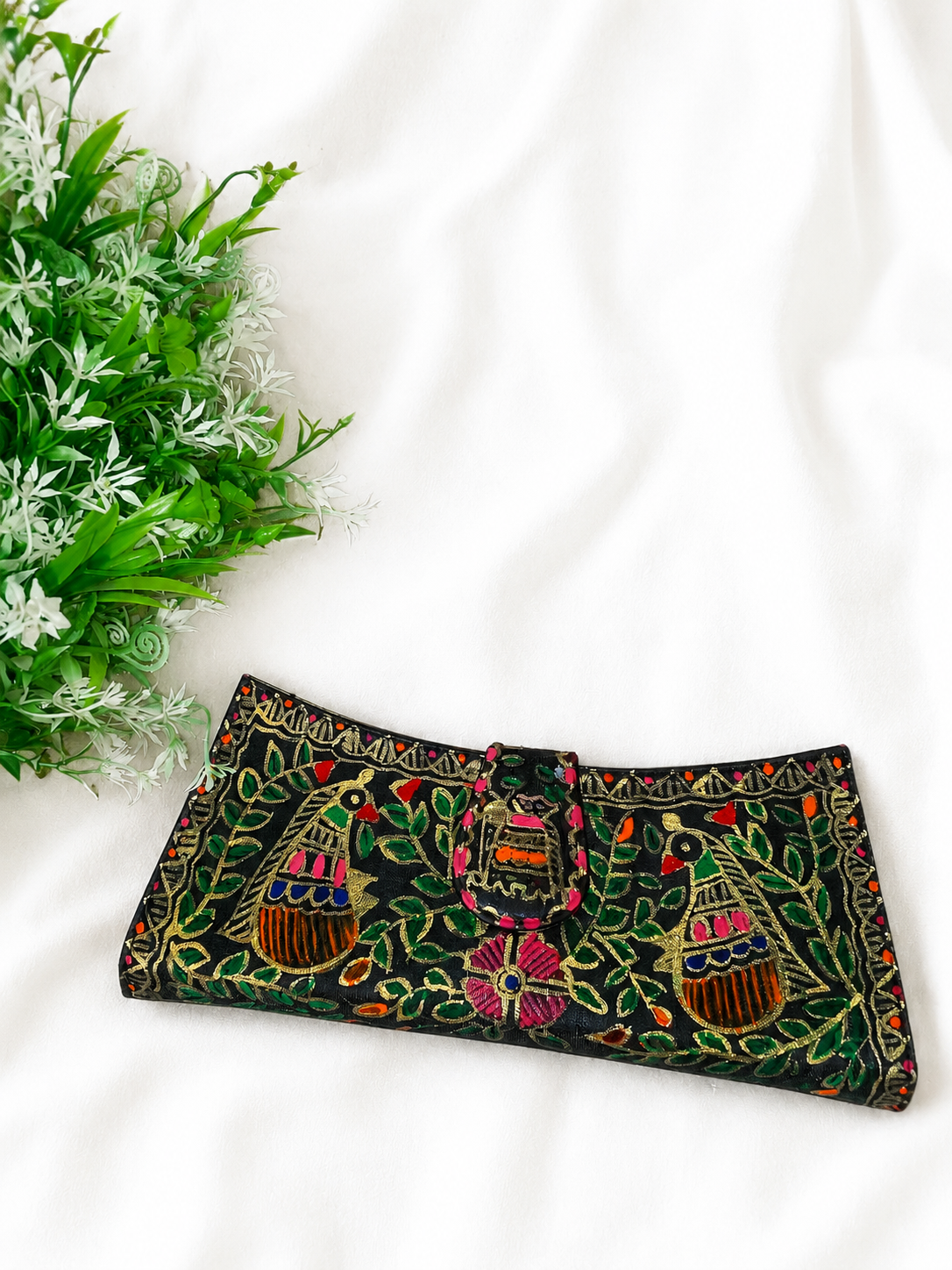 Hand-painted Black Dual-Sided Madhubani Art Clutch Purse with Folk Bird & Floral Motif