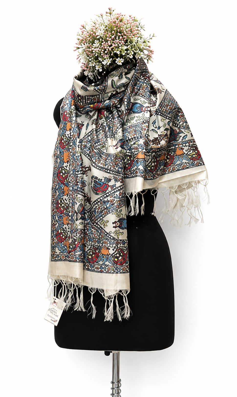 All Over Handpainted Madhubani Tussar Munga Silk Stole with Fish Motifs