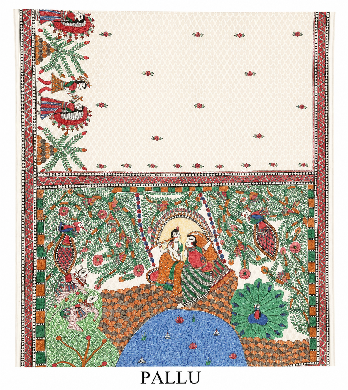 Hand-Painted Madhubani  Premium Chanderi Saree – Radha Krishna Theme with Peacock, Cow & Dance Border
