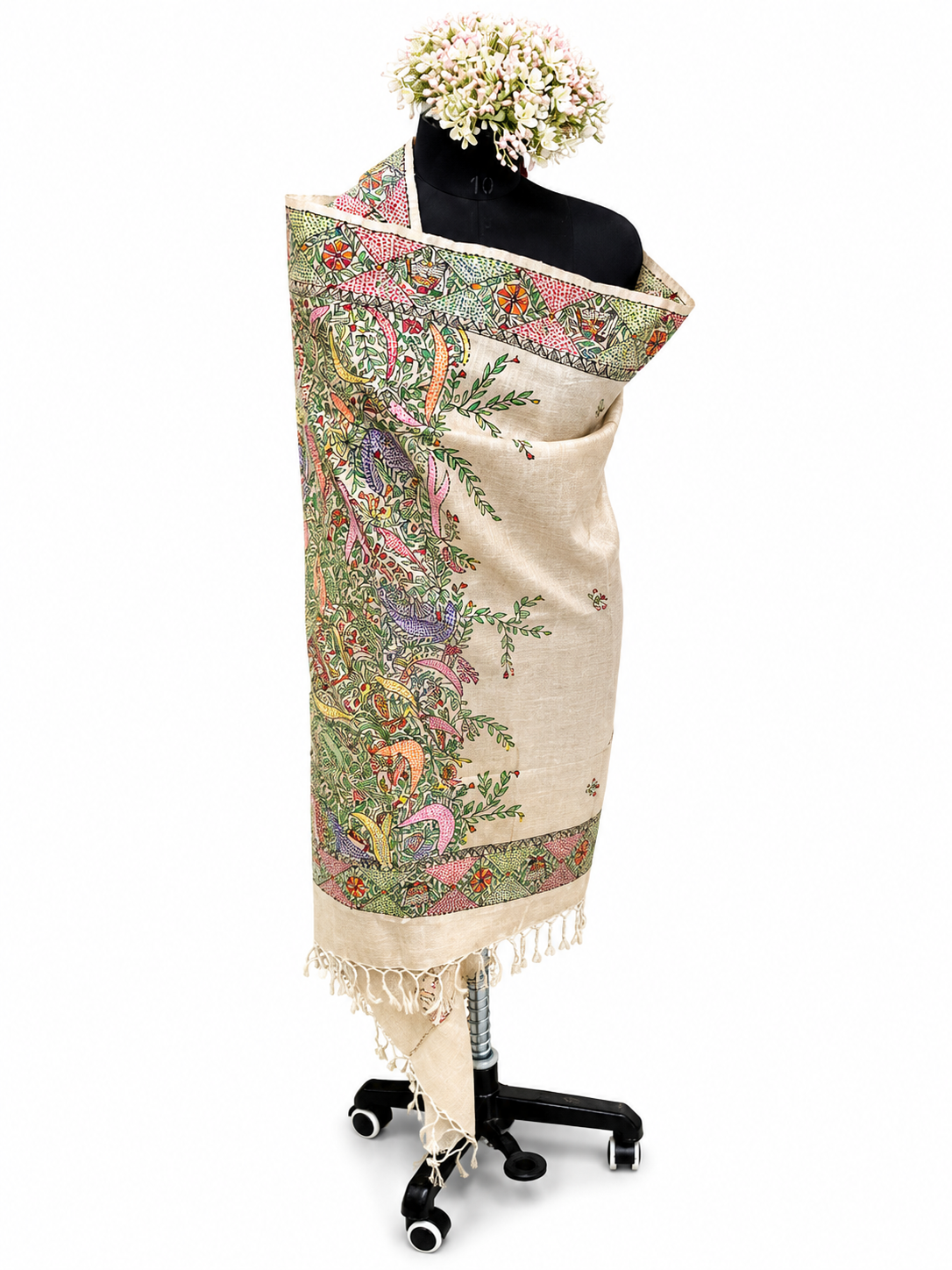 Hand-Woven Desi Tussar Silk Dupatta – Sujani and Madhubani Artistry