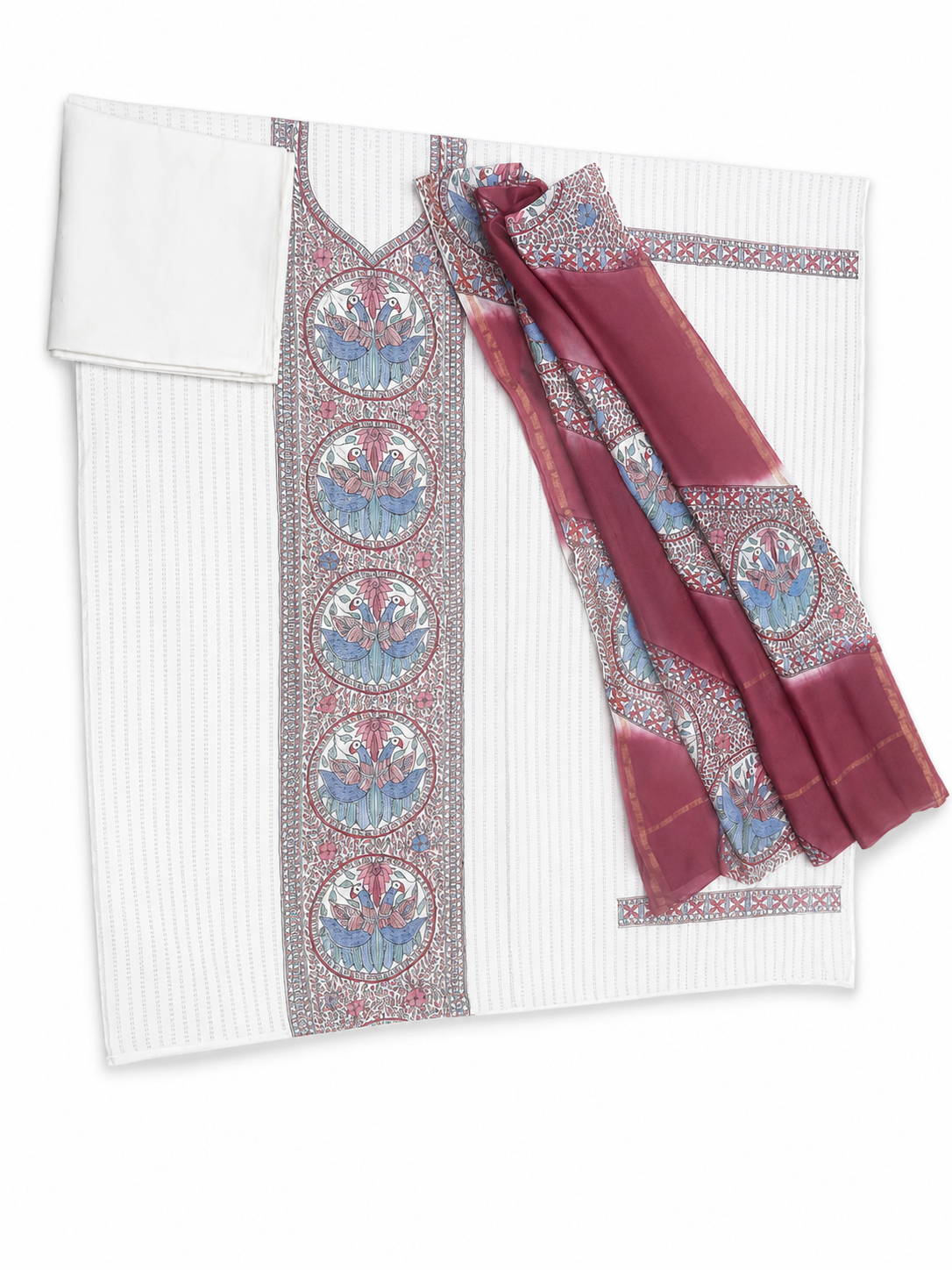 Hand-painted Madhubani Chanderi Suit Set with Mithila Panel Artwork, Peacock-Inspired Detailing, Cutwork Kurti and Leheriya Dupatta with Zari Border