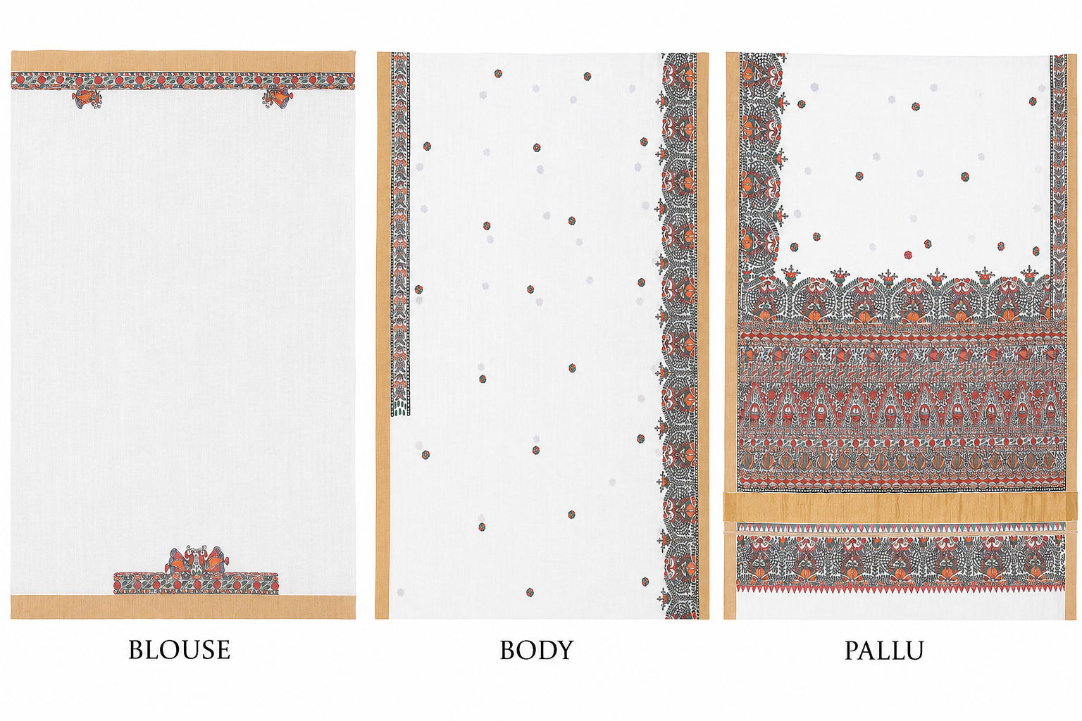 Hand-painted Ivory White Kerala Cotton Saree with Madhubani Art & Antique Zari Border