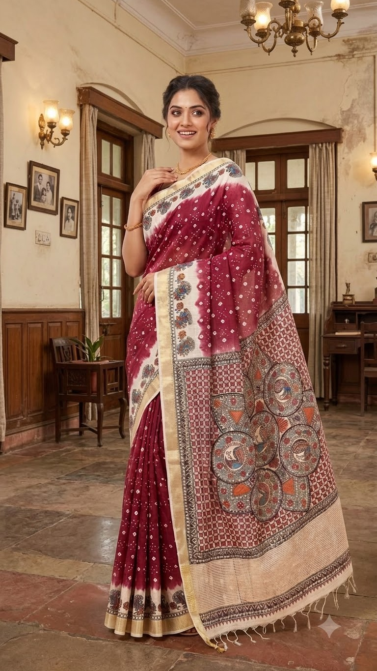 Premium Dark Mauve Tussar Munga Silk Bandhani Hand-Painted Madhubani Saree with Geometric Mandala Artwork
