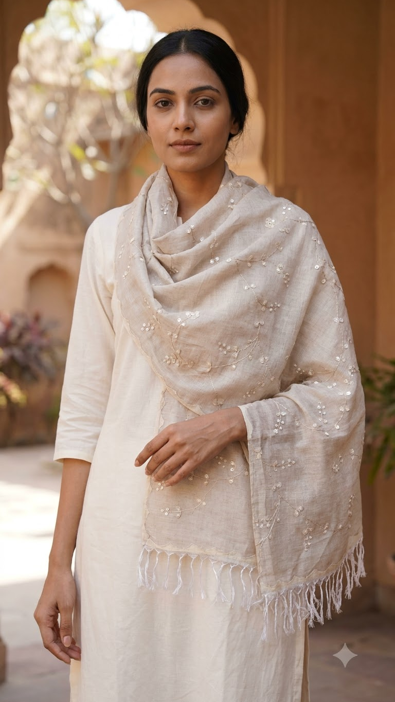 Hand-Painted Beige Tussar Munga Silk Appliqué Work Stole with Patti Embroidery