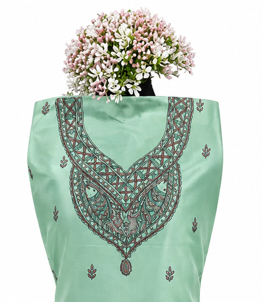 Hand Painted Madhubani Tussar Munga Silk Suit Set with Tree of Life, Bird and Peacock-Inspired Artwork, Boutique Work and Traditional Mithila Border Art