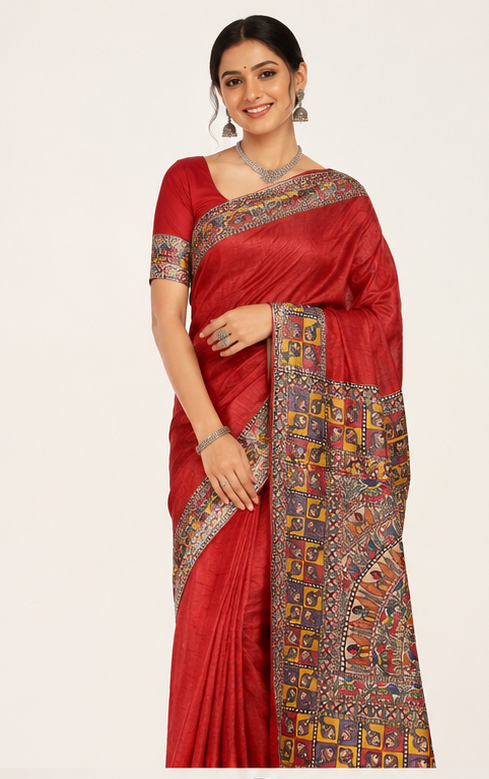 Handpainted Madhubani Desi Tussar Silk Saree in Red with Godhna Style- Fish, Elephant, Peacock Motifs