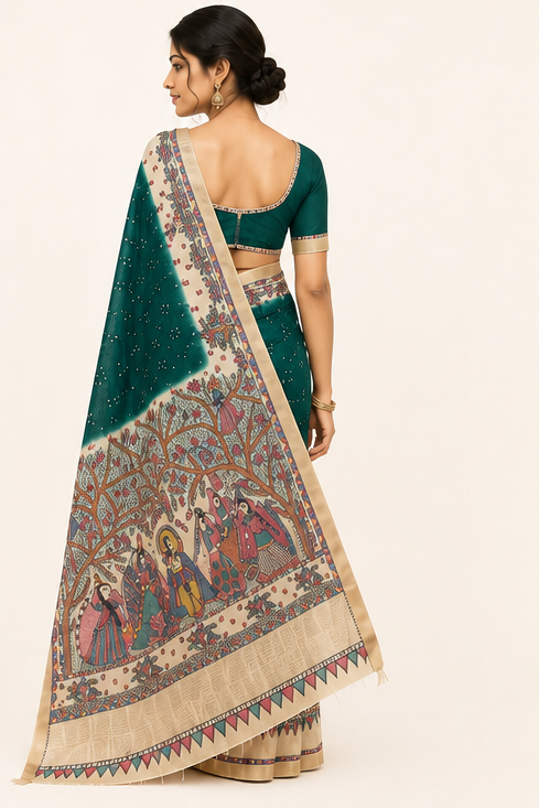 Handpainted Madhubani Tussar Munga Silk Saree with Bandhani Fusion - Rasleela Theme